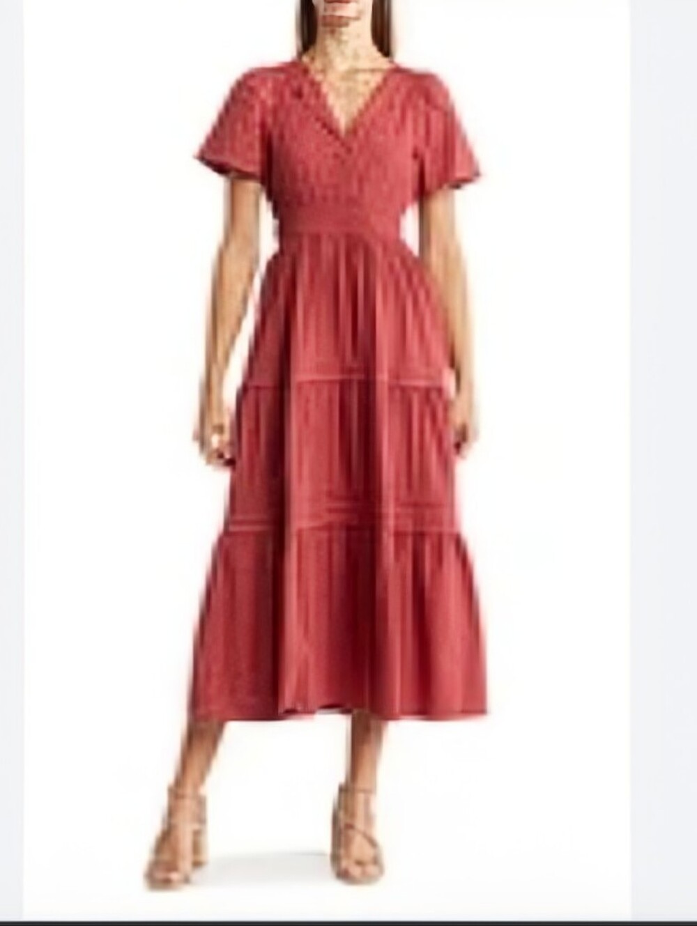 Stitch Drop Dress Rust Red Cotton Short Sleeve Teired Midi